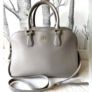 Great Price! TORY BURCH Robinson Pebbled Triple Zip Satchel Crossbody, Gray